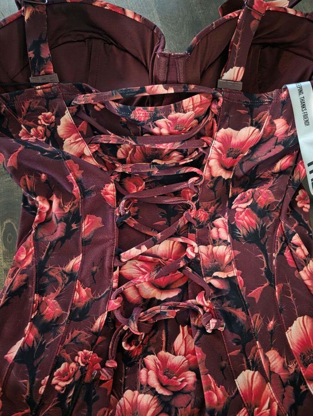 TA3 Floral Burgundy One-Piece Swimsuit with Pink Bloom Print - Picture 2 of 3
